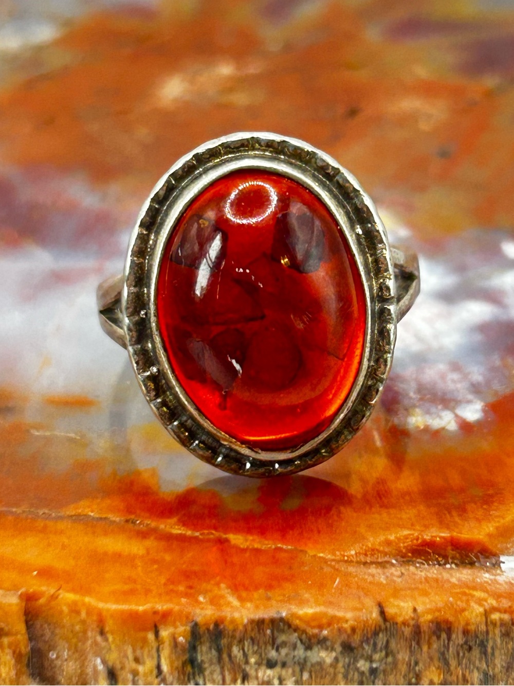 Sterling Silver Red Amber Ring - Size 9